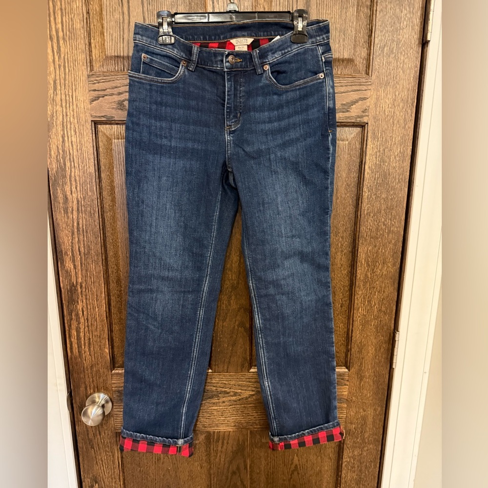 Duluth Trading Co Women's Blue Jeans with Red Plaid Flannel Lining size 8 x 31